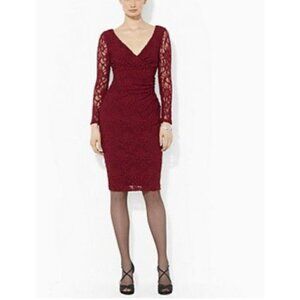 Ralph Lauren Dress 14 Burgundy Lace Sheath Long Sleeve Career Church Party